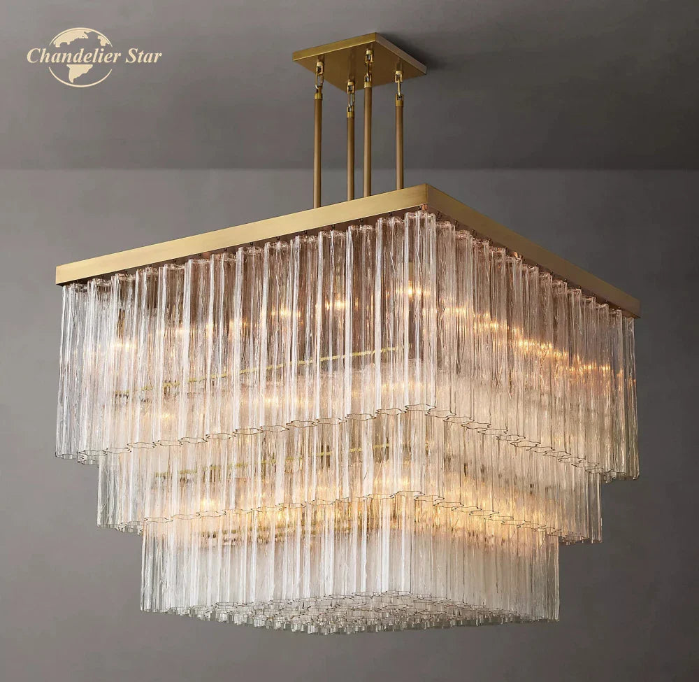 Afralia™ Glass Tube LED Square Chandelier Pendant Hanging Light - Modern Cielo Fixture