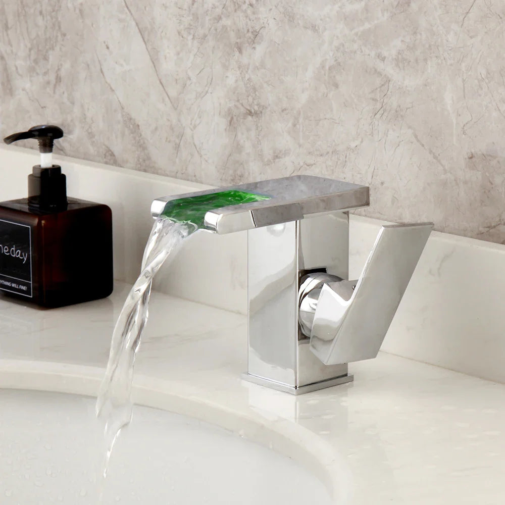 Afralia™ LED Waterfall Basin Faucet White & Black Mixer Tap Deck Mount Solid Brass