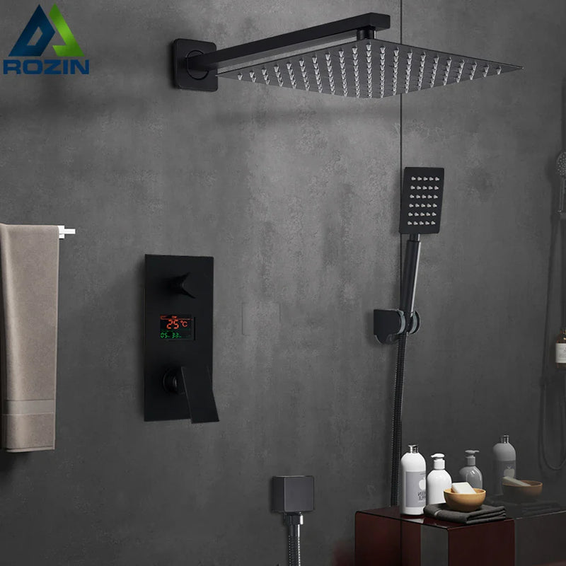 Afralia™ Matte Black Digital Display Shower Set – Rainfall System with Waterfall Mixer