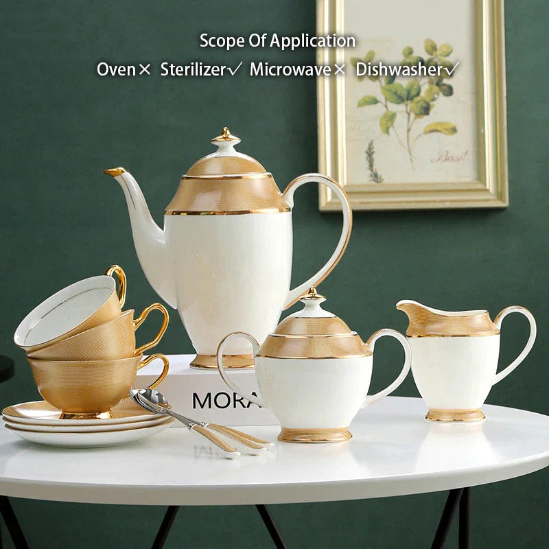 Afralia™ Luxury Gold Bone China Coffee Tea Set Porcelain Drinkware Cup Pot Teapot Creamer