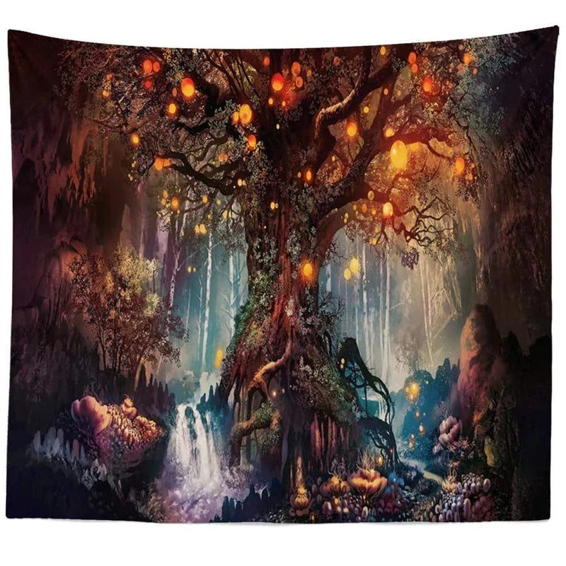 Afralia™ Psychedelic Trees Tapestry Wishing Lantern Trees Wall Hanging Wall Carpet Bed Sheet