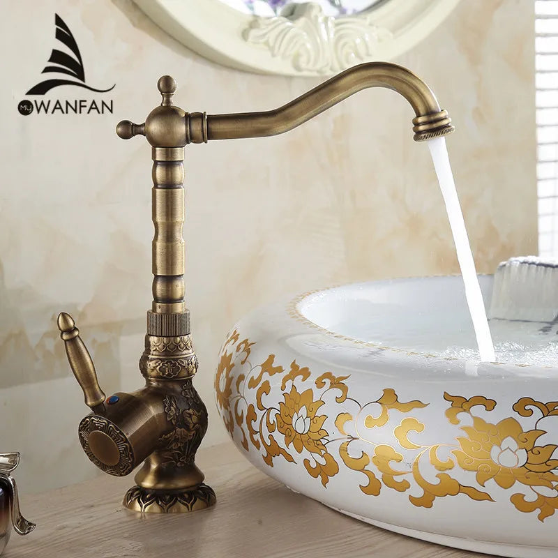 Afralia™ Antique Brass Basin Faucet with Single Handle Hot/Cold Mixer Taps Rotation AL-9966F