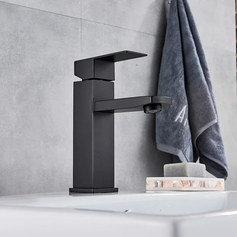 Afralia™ Square Handle Basin Mixer Tap for Bathroom Sink - Black Finish