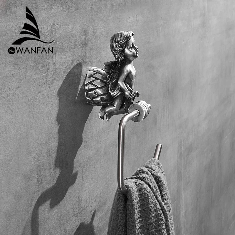 Afralia™ Gold Brass Angel Towel Ring Wall Rack for Bathroom - MB-0786B