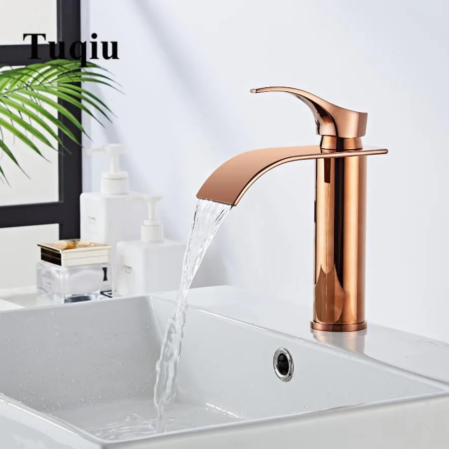 Afralia™ Rose Gold Waterfall Basin Faucet: Brass Bathroom Mixer Tap, Hot Cold Sink.