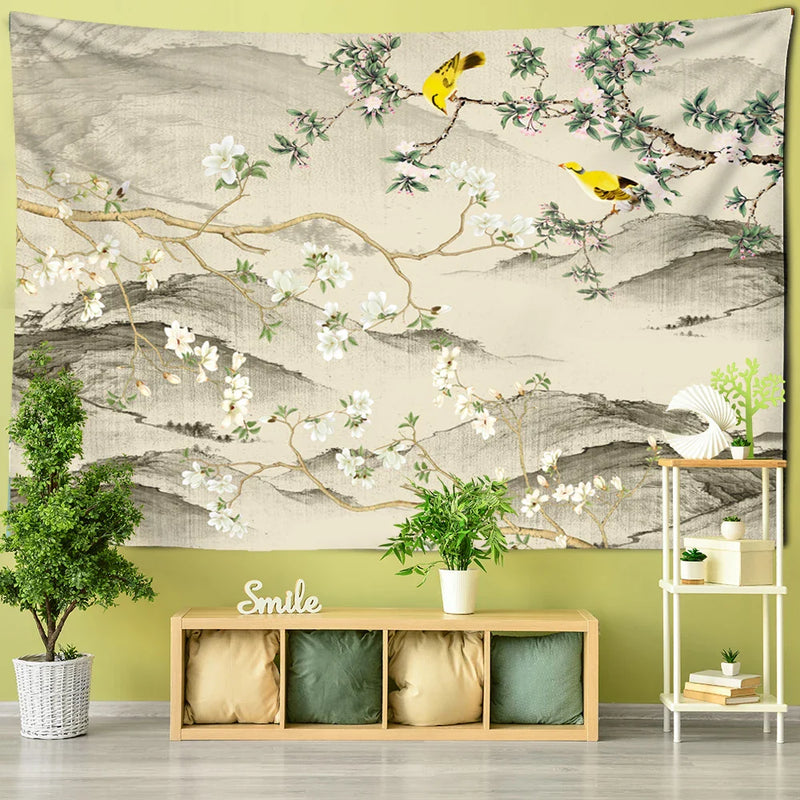 Afralia™ Flower Bird Print Bohemian Wall Tapestry Plum Blossom Art Carpet