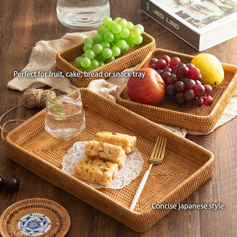 Afralia™ Rattan Storage Tray Square Wicker Basket Food Plate Platter Kitchen Decoration