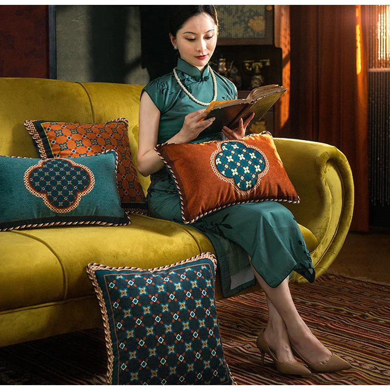 Afralia™ Plum Pattern Velvet Cushion Cover with Orange Blue Geometric Design