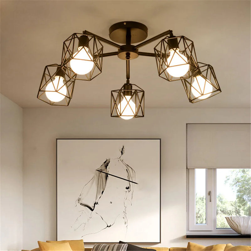 Afralia™ Black Iron Cage Chandelier: Adjustable Spider Design Modern Ceiling Lamp