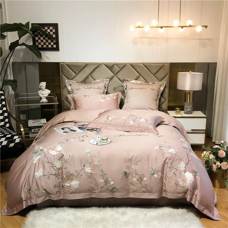 Afralia™ Luxury Bloom Flowers Embroidered Grey White Bedding Set