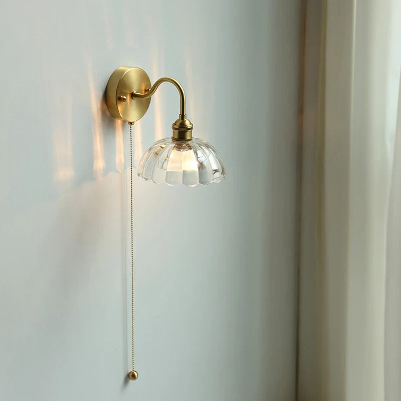Afralia™ Glass Copper LED Wall Lights with Pull Chain Switch for Home Bedroom Bathroom Mirror