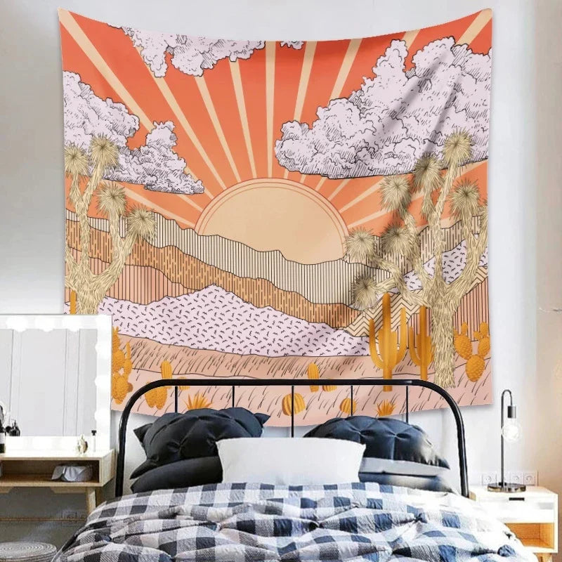 Afralia™ Mountain Sun Tapestry Sunrise Tree Cactus Wall Hanging Psychedelic Landscape Decor