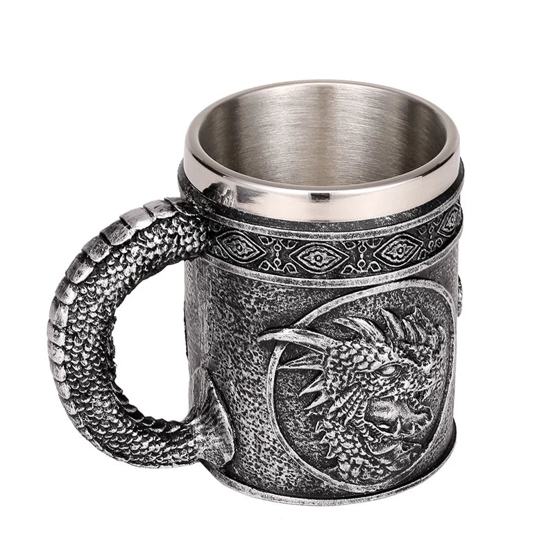 Afralia™ Silver Evil Dragon Beer Mug 450ml Retro Tankard Stainless Steel Cup