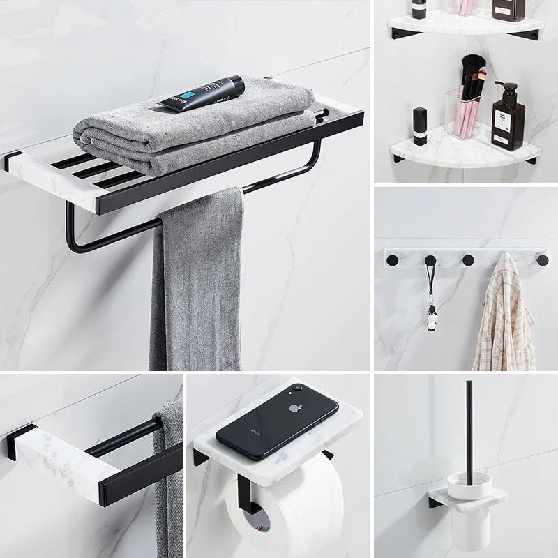 Afralia™ Marble & Brass Bathroom Set: Shelf, Towel Rack, Paper Holder, Toilet Brush Holder