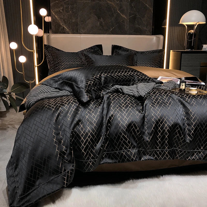 Afralia™ Black Gold Jacquard Egyptian Cotton Bedding Set - 4Pcs