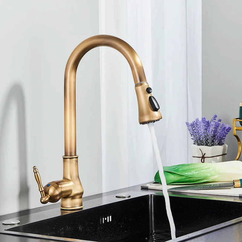 Afralia™ Antique Brass Kitchen Faucet with Pull Down Spout and Single Handle