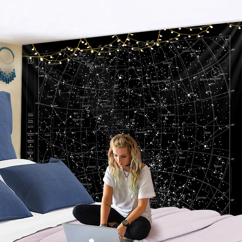 Afralia™ Interstellar Sky Map Constellations Tapestry- Black Galactic Wall Decor