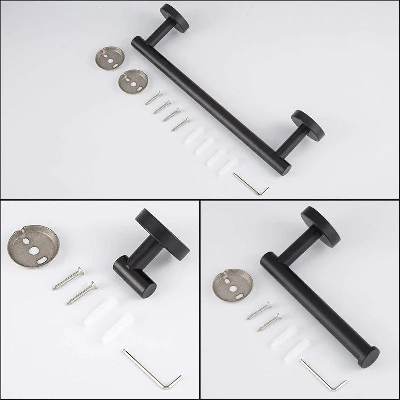 Afralia™ Black Stainless Steel Bathroom Set: Robe Hook, Towel Rail, Shelf, Tissue Holder