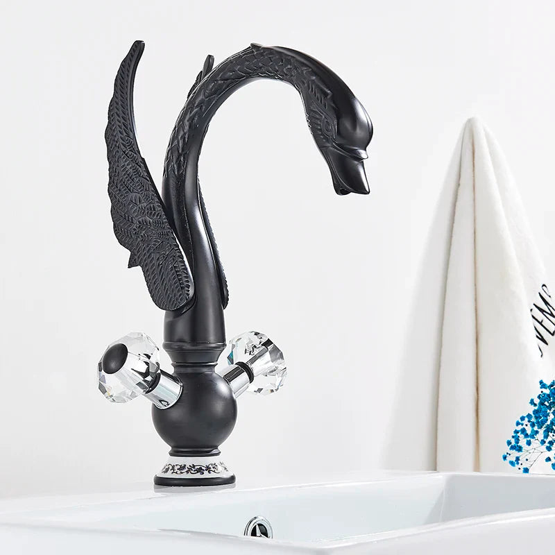 Afralia™ Gold Brass Black Swan Bathroom Basin Faucet Luxury Single Mixer Tap Deck Mounted