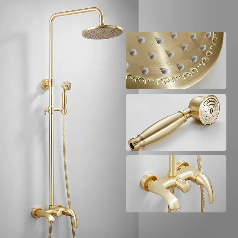 Afralia™ Brushed Gold Rainfall Shower Set Mixer Tap Tub Bathtub Faucet Brass