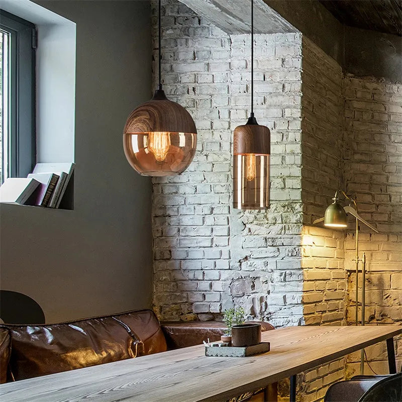 Afralia™ Nordic Wood Color LED Glass Pendant Lights for Dinning Room, Bedroom, Cafe - Modern Hanging Lamp
