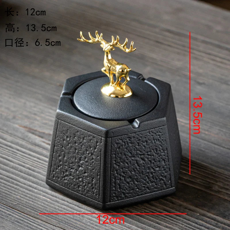 Afralia™ Black Pottery Ashtray with Cover: Stylish, Large Capacity Ceramic Ashtray