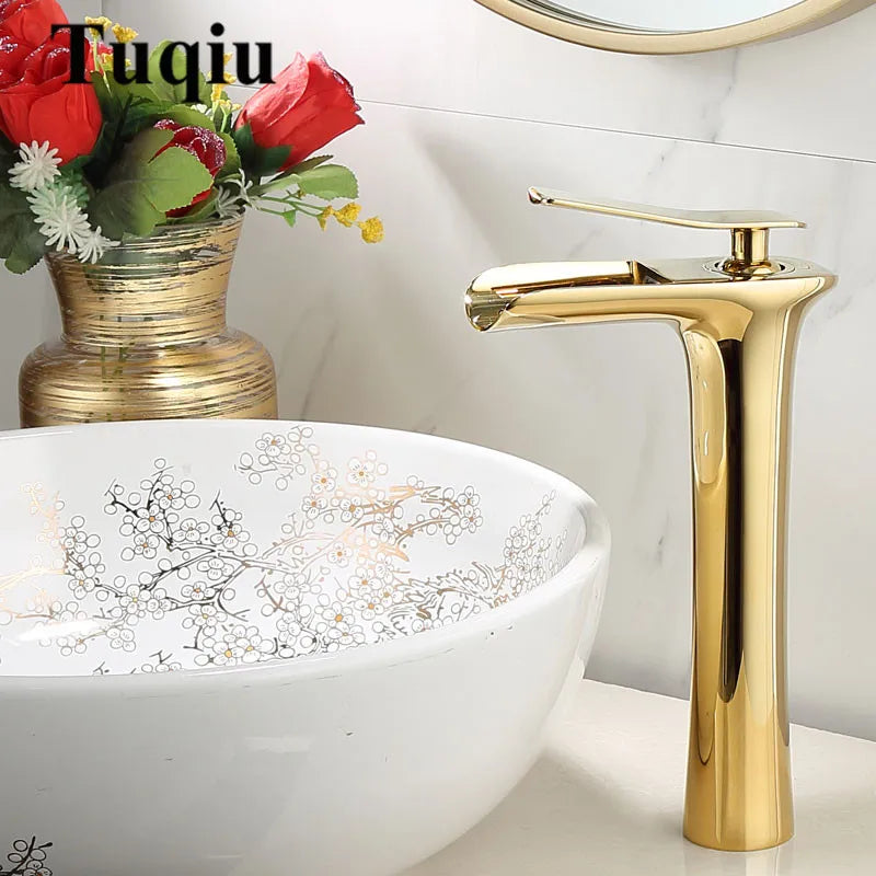 Afralia™ Gold Waterfall Bathroom Basin Faucet, White Mixer Tap Hot Cold Sink Plugin