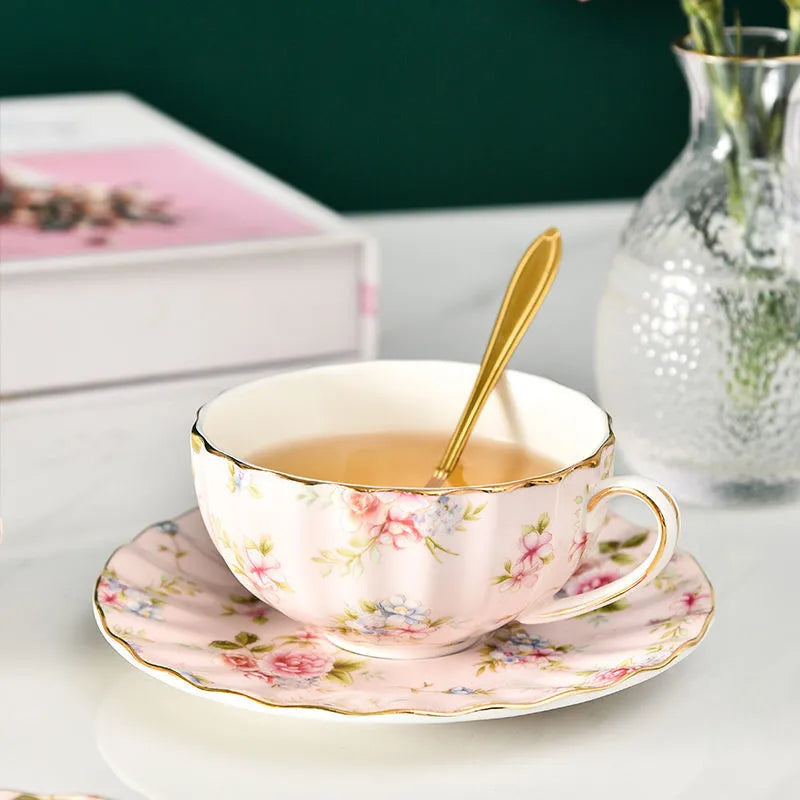 Afralia™ Elegant Flower Tea Cup Set with Spoon & Saucer