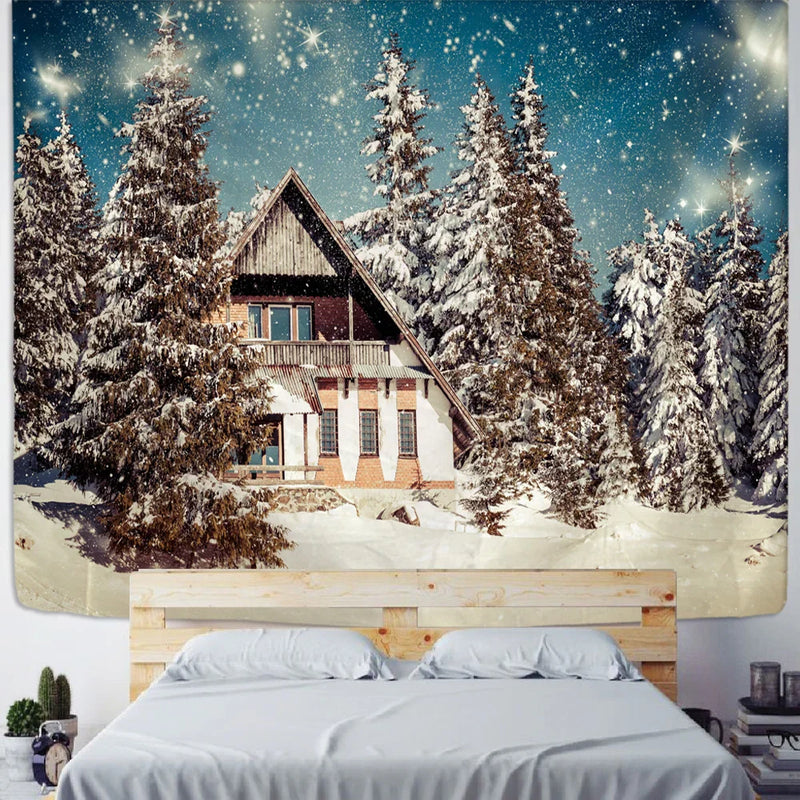 Afralia™ Christmas Village Wooden House Tapestry Ice and Snow Wall Hanging