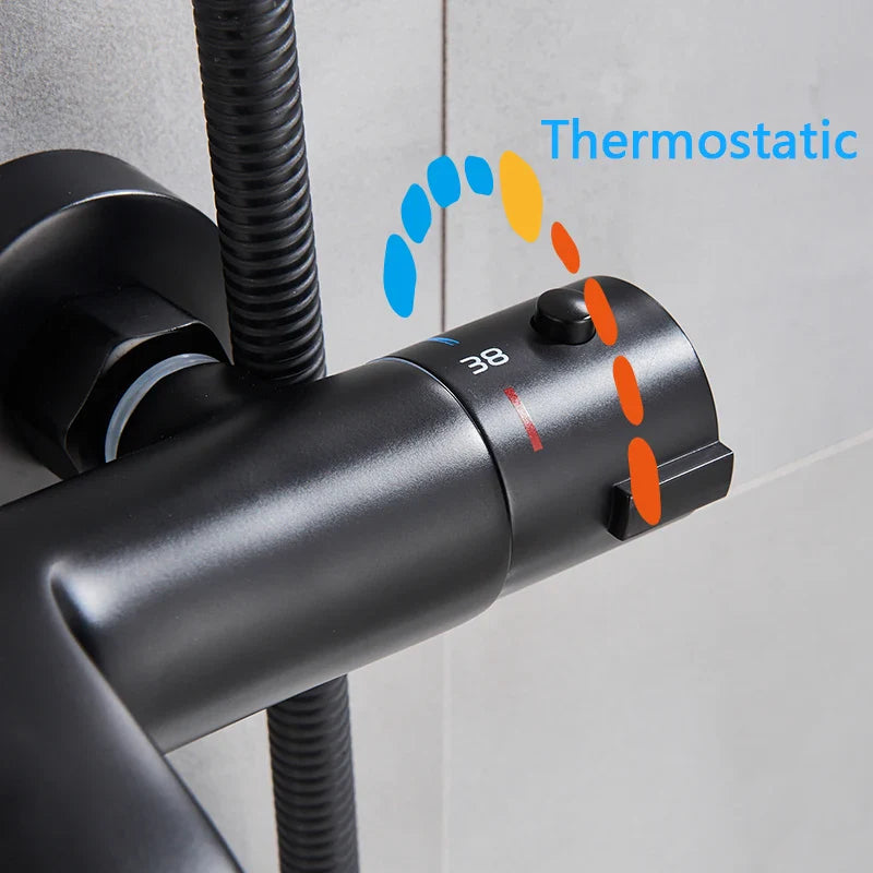 Afralia™ Thermostatic Shower Faucet Black/Chrome Rainfall Bathroom Set with Handshower