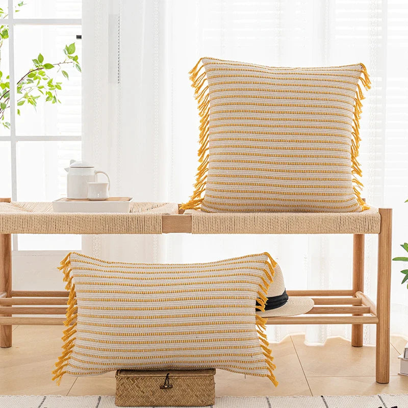 Afralia™ Stripe Tassels Cushion Cover in Yellow Grey Black for Home Sofa Bed 45x45cm