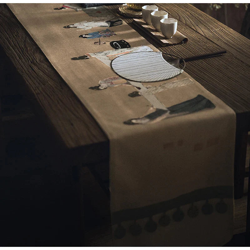 Afralia™ Chinese Painting Women Print Table Runner Handmade Traditional Chic Decor