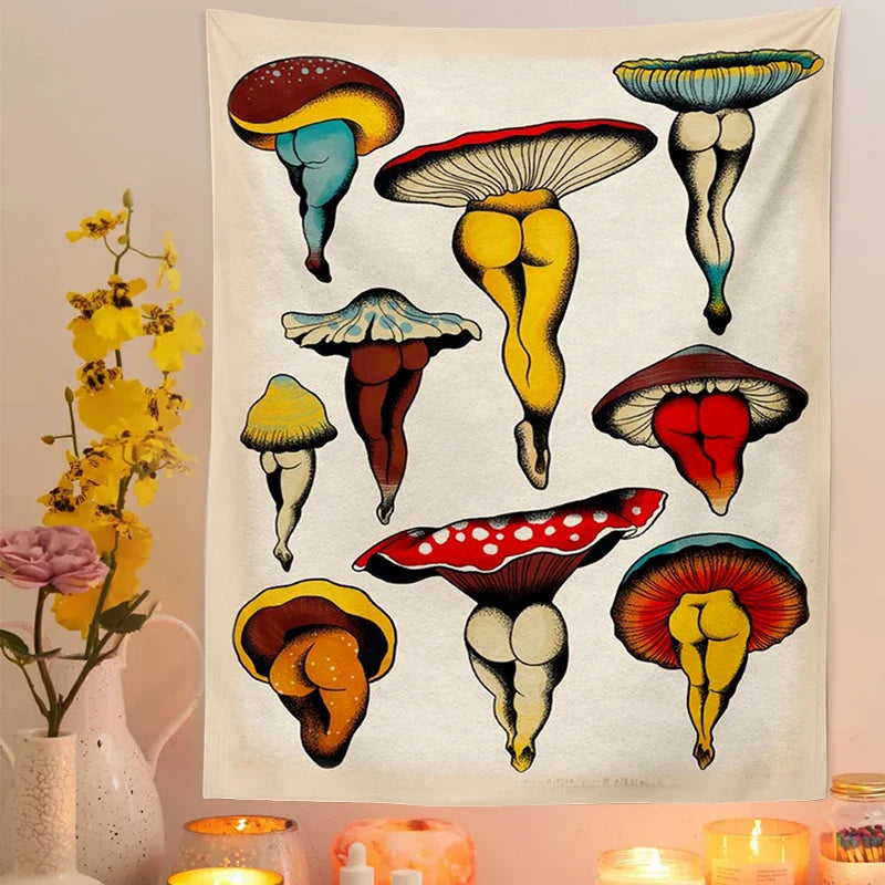 Afralia™ Mushroom Maiden Tapestry: Botanical Cactus Chart Wall Hanging for Bohemian Home Decor