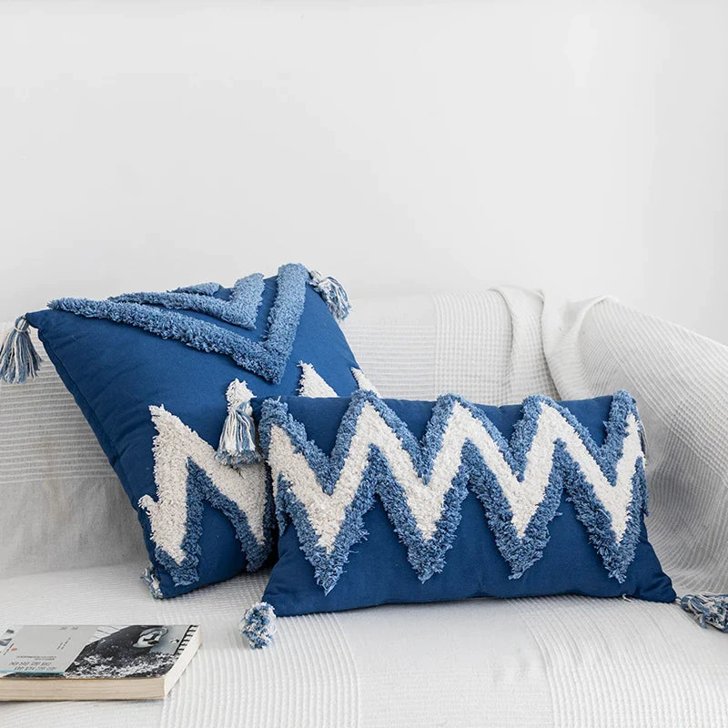 Afralia™ Moroccan Zigzag Navy Blue Tassel Fringe Cushion Cover 45x45cm/30x50cm