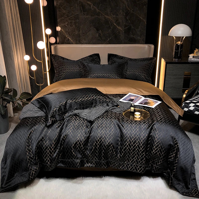 Afralia™ Black Gold Jacquard Egyptian Cotton Bedding Set - 4Pcs