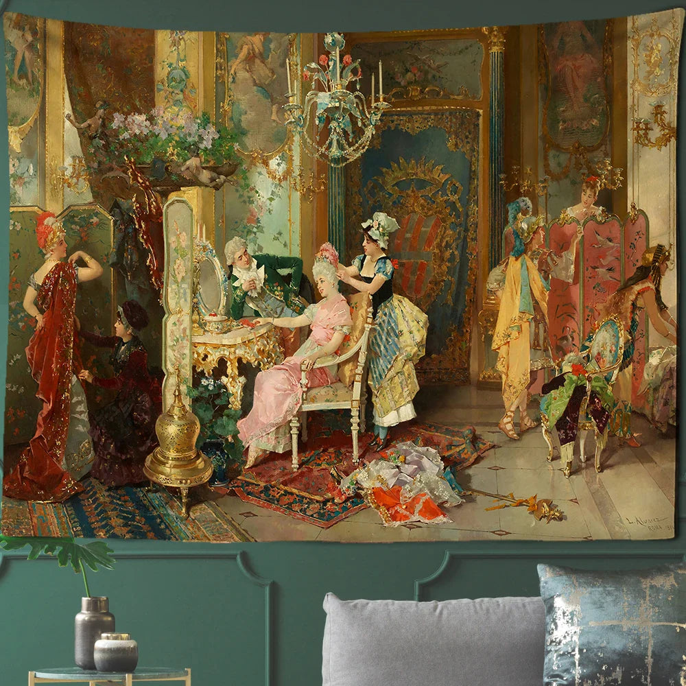 Afralia™ Court Woman Gothic Architecture Tapestry Wall Art with Rose Scenery & Pigeons