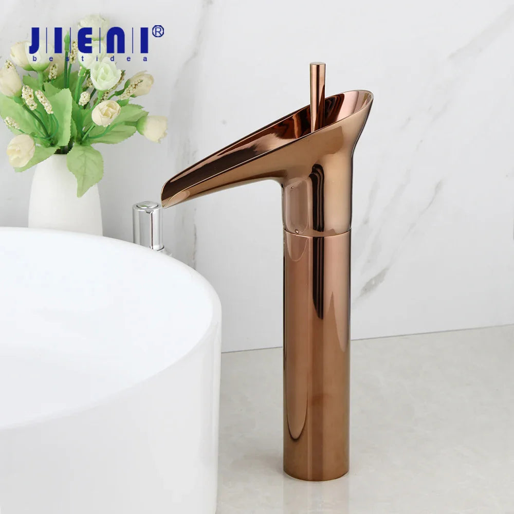 Afralia™ Rose Golden Waterfall Bathroom Faucet with Solid Brass Handle and Pink Golden Wine Design