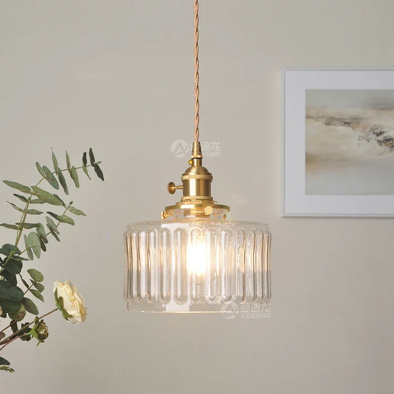 Afralia™ Green Glass Pendant Light Switch Bar Bedroom Copper Hanging Lamp