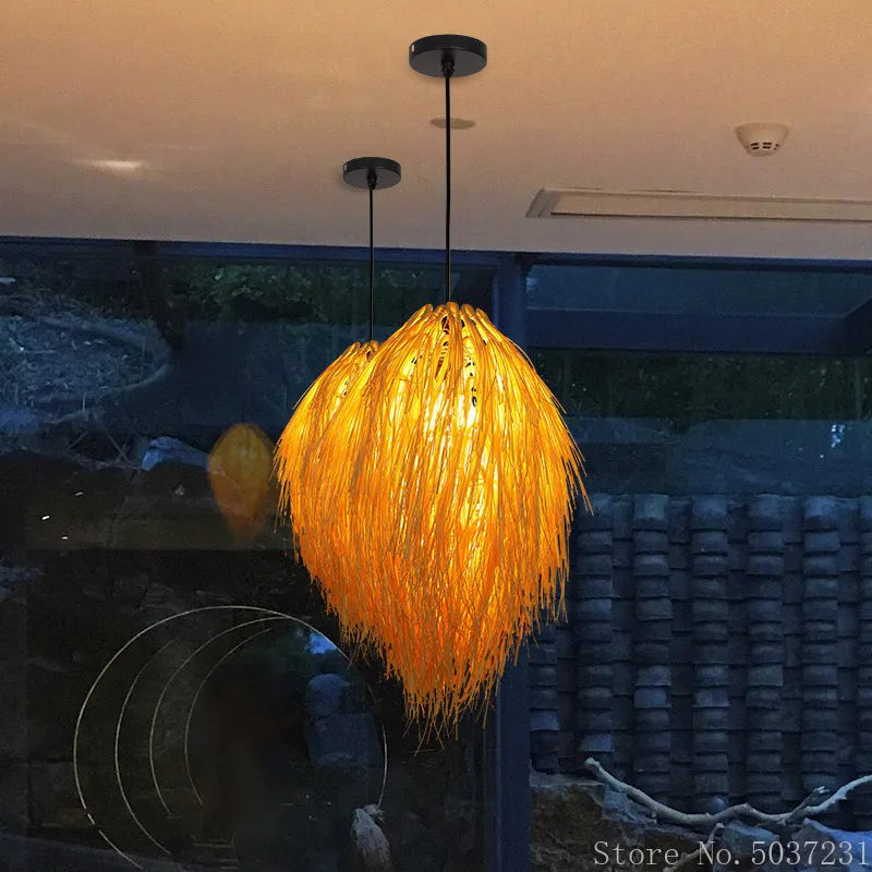 Afralia™ Bamboo Weave Pendant Lamp, Creative Rattan Hanging Light Fixture for Bedroom & Teahouse