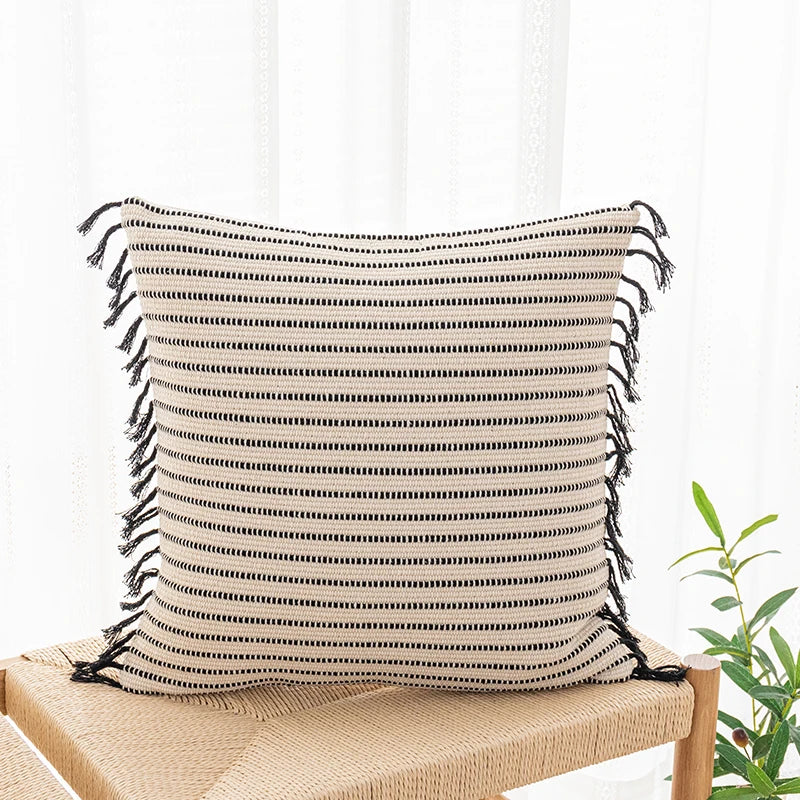 Afralia™ Stripe Tassels Cushion Cover in Yellow Grey Black for Home Sofa Bed 45x45cm