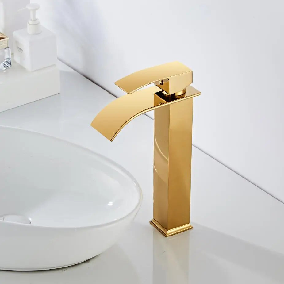 Afralia™ Gold Waterfall Basin Faucet - Brass Mixer Tap for Bathroom Sink, Hot and Cold