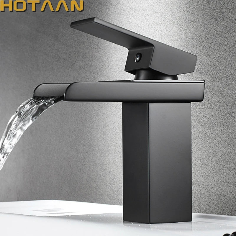 Afralia™ Black Plated Brass Waterfall Bathroom Basin Faucet Mixer Square Vanity Sink