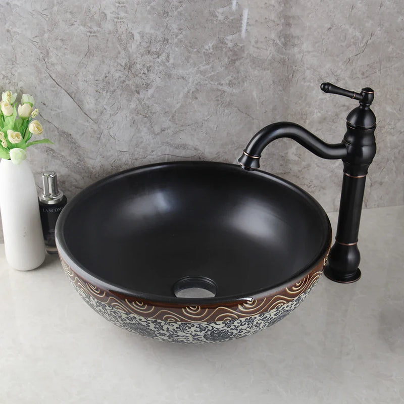 Afralia™ Black Ceramics Sink with Hand-Painted Waterfall Design and Brass Faucet