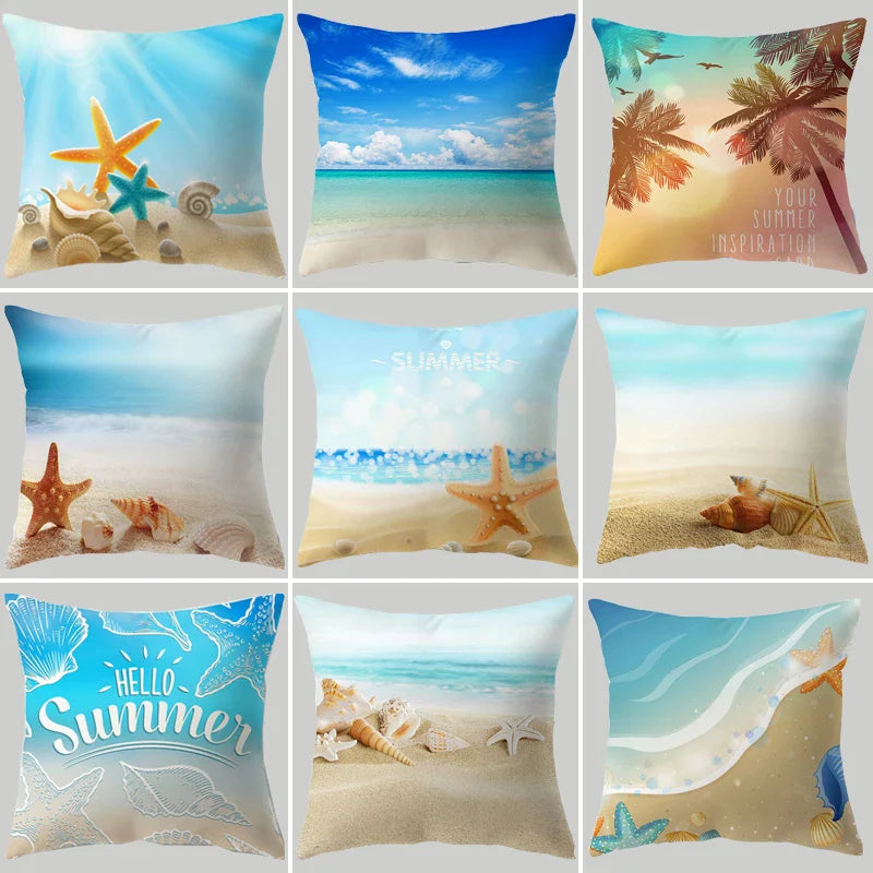 Afralia™ Ocean World Starfish Conch Pillow Case: Beach Landscape Print for Home Decor