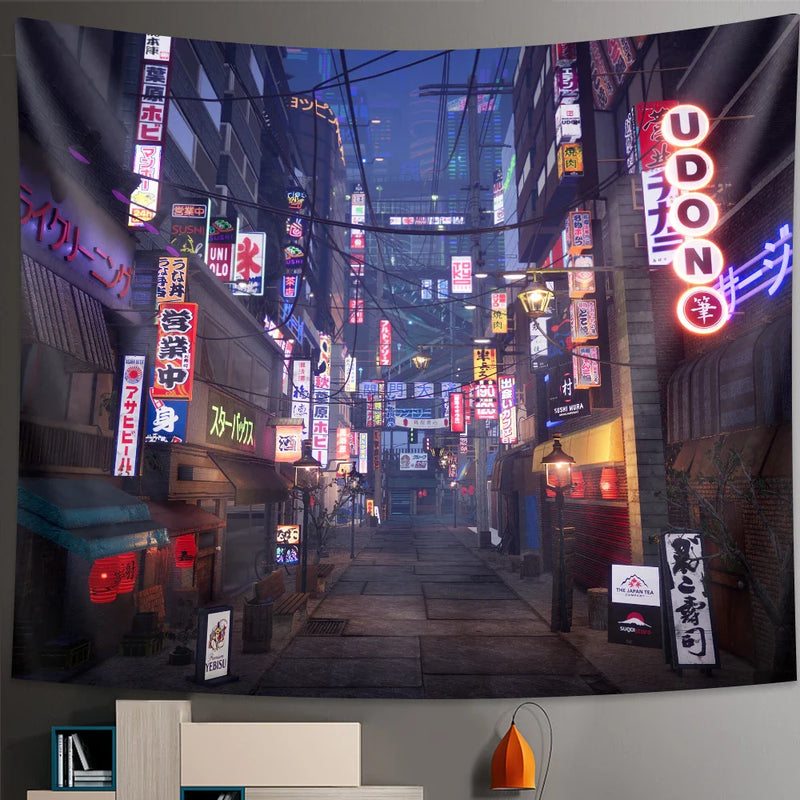 Afralia™ Tokyo Nightlife Tapestry: Japanese Wall Hanging Bohemian Decorative Sheet