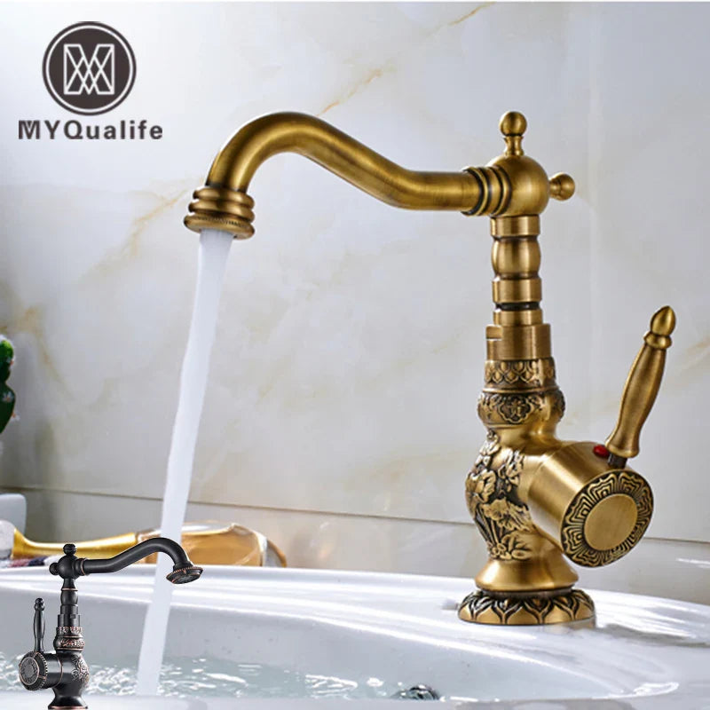 Afralia™ Antique Brass Bathroom Sink Faucet Mixer, Single Handle Hot Cold Water Tap