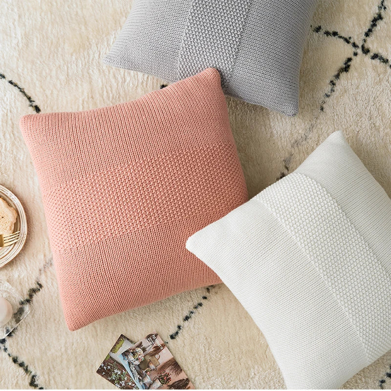 Afralia™ Knit Cushion Cover 45x45cm Solid Cotton Pillow Pink Ivory Grey Cream