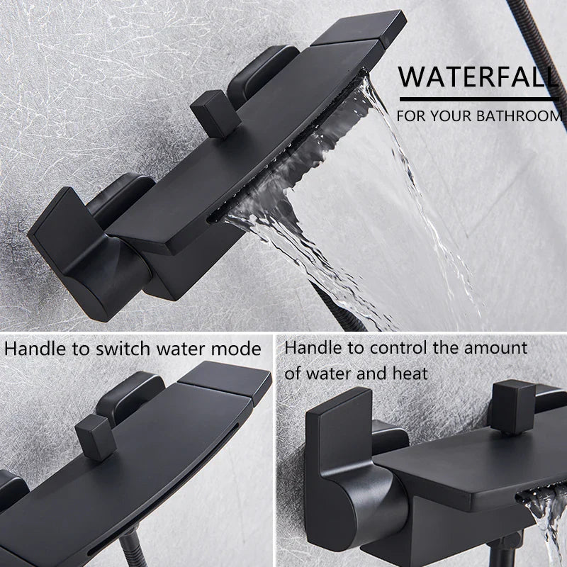 Afralia™ Matte Black Waterfall Bathtub Faucet Set Wall Mounted Shower Faucets Mixer Tap