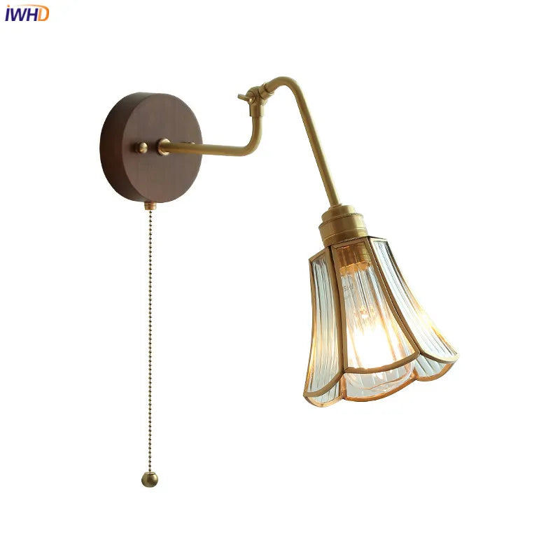 Afralia™ Vintage Pull Chain Wall Lamp Copper Arm Wood Base Light Fixtures