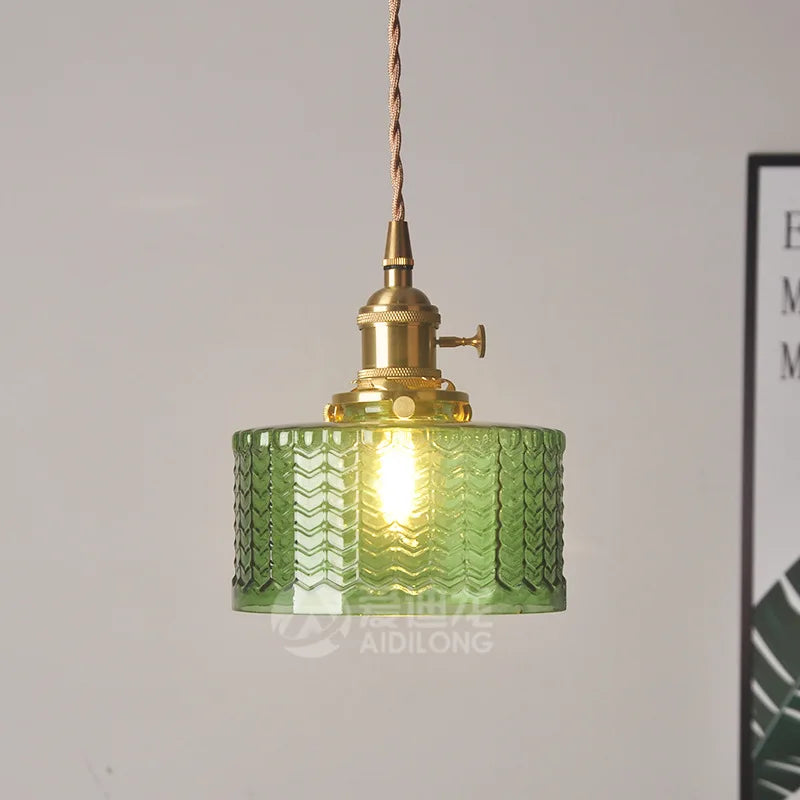 Afralia™ Modern Green Glass Hanging Lamp Copper Knob Switch LED Pendant Light Suite